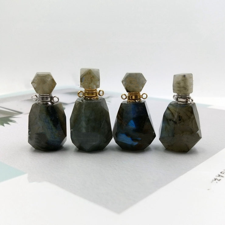 New Products Accessories Natural Labradorite Faceted Geometric Perfume Aromatherapy Essential Oil Bottle Pendant Necklace