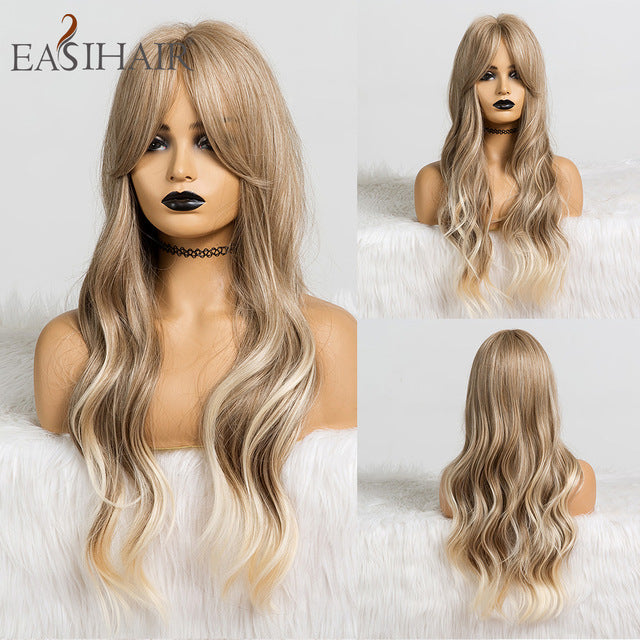 EASIHAIR Long Dark Brown Women&#39;s Wigs with Bangs Water