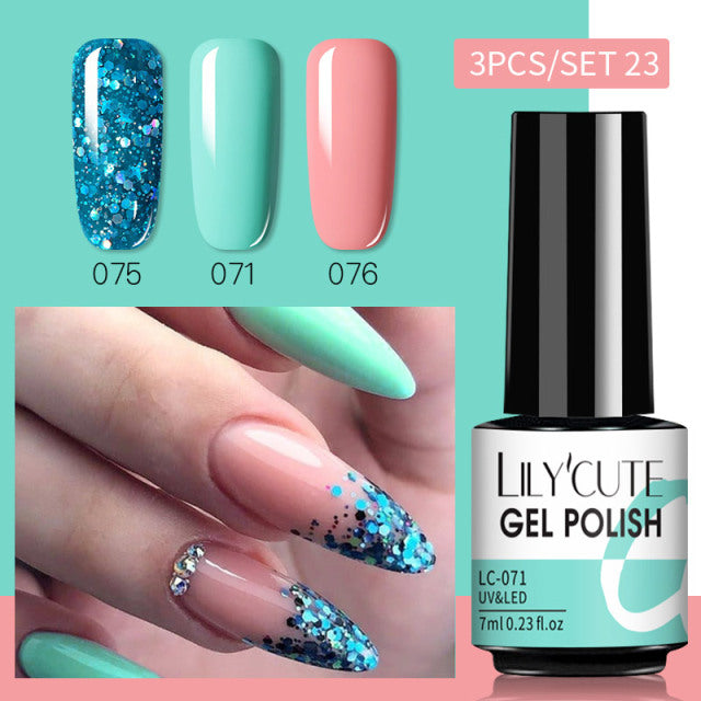 LILYCUTE 3 PCS Gel Polish Set Winter Color Glitter Sequins Matte Effect Gel Long Lasting Base Top Coat Nail Art Design Hybrid