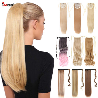 Leeons 20&#39;&#39; Synthetic Ponytail Hair pieces Heat Resistant Fiber Straight Ribbon Clip In Hair Extension 21 colors Brown Black