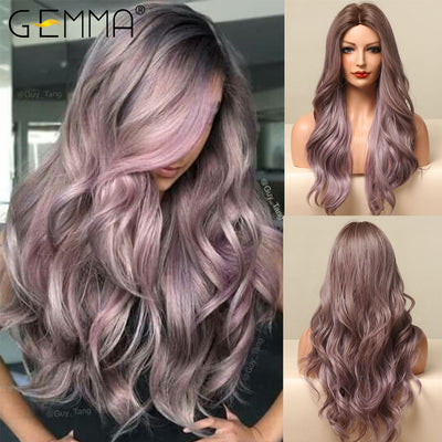 GEMMA Long Wavy Ombre Brown Purple Synthetic Wigs