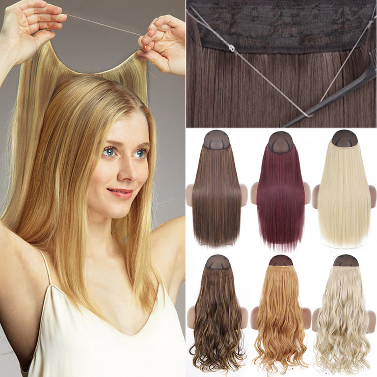 Synthetic No Clip Invisible Wire Hair Extensions Straight Natural Black