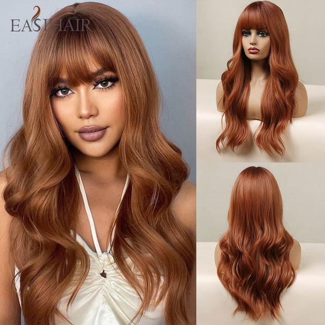 EASIHAIR Long Dark Brown Women&#39;s Wigs with Bangs Water