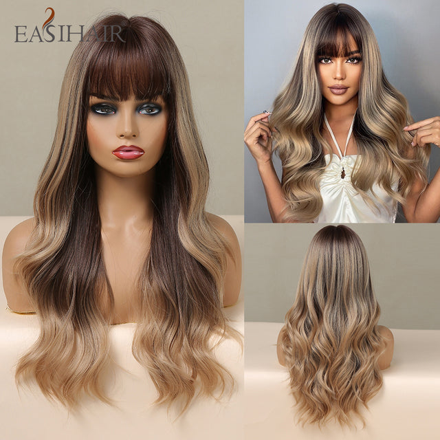 EASIHAIR Long Dark Brown Women&#39;s Wigs with Bangs Water