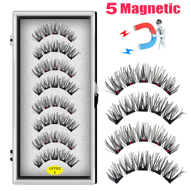 LEKOFO 8PCS 5 Magnets 3D Magnetic False Eyelashes Handmade Artificial Faux Cils Magnetic Natural Mink Eyelashes with Tweezers