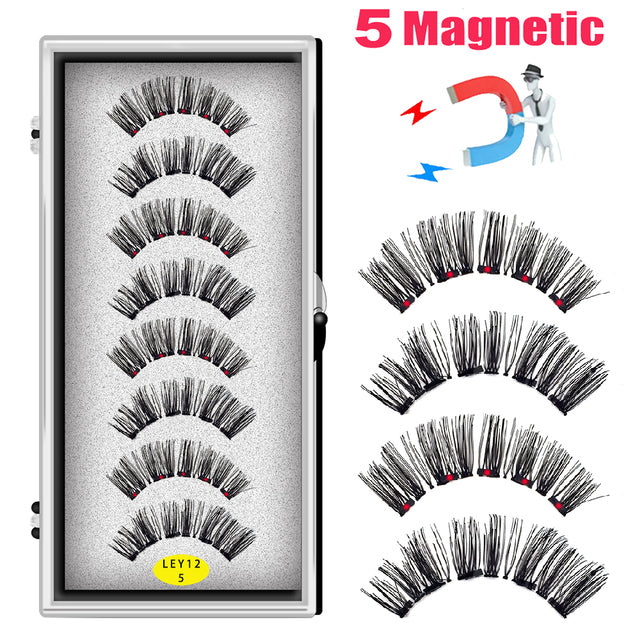 LEKOFO 8PCS 5 Magnets 3D Magnetic False Eyelashes Handmade Artificial Faux Cils Magnetic Natural Mink Eyelashes with Tweezers