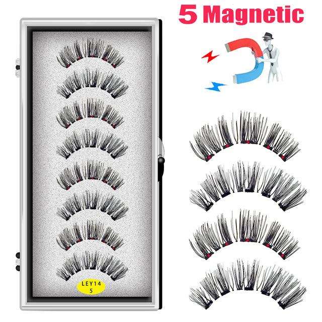 LEKOFO 8PCS 5 Magnets 3D Magnetic False Eyelashes Handmade Artificial Faux Cils Magnetic Natural Mink Eyelashes with Tweezers