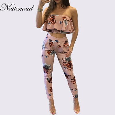 Sexy Strapless 2 Piece Set Floral Print Jumpsuit