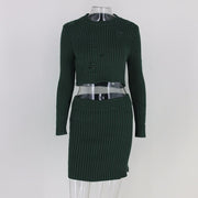 Feditch Knitted Bodycon Vintage Dress Hollow Out Solid Sweater 2 Piece Set