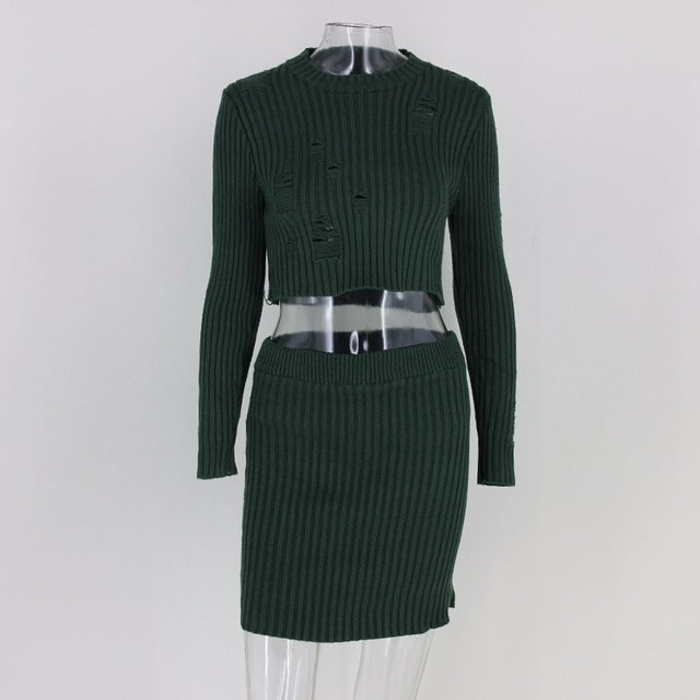 Feditch Knitted Bodycon Vintage Dress Hollow Out Solid Sweater 2 Piece Set