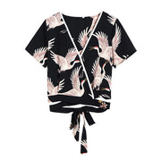 S-5XL Japan Kimono Style Crane Print Suit Set